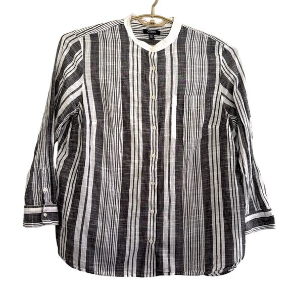 Chaps Gray white striped button shirt 2X mandarin collar lightweight 100% cotton - Picture 1 of 6